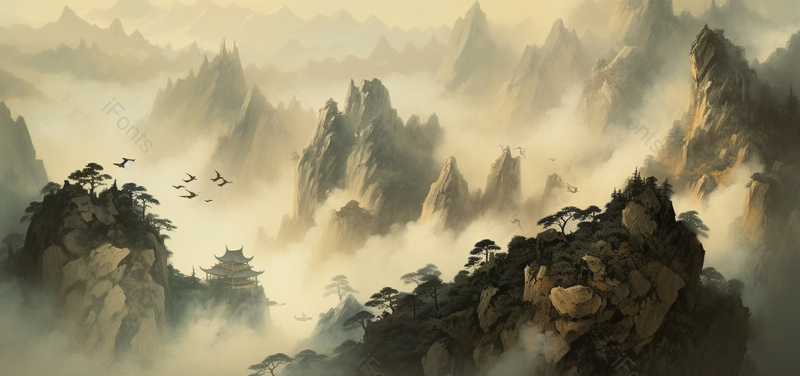 飞鸟亭子仙境中国风意境水墨画背景,插画/手绘图,插画/手绘图库,插画/手绘图下载,插画/手绘